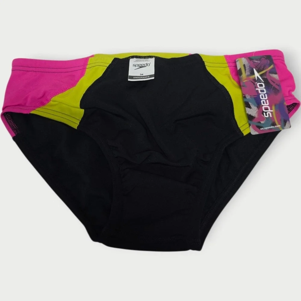 NWT Speedo Mens Size 34 Anthracite Flare Pink Swim Brief Trunks Endurance BLACK